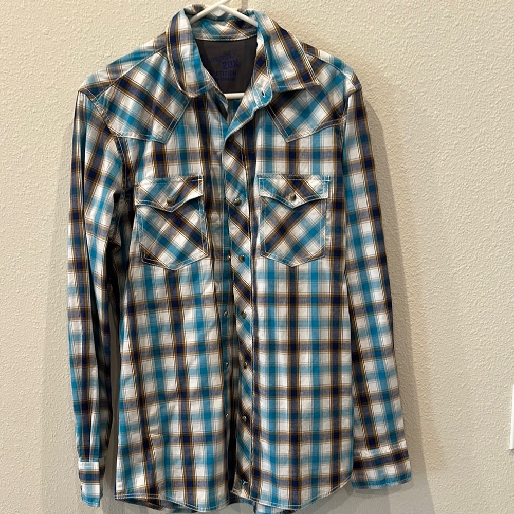Blue and Brown Plaid Button-Up Shirt Wrangler